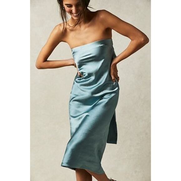 New FREE PEOPLE Third Form Satin Tie Back Strapless Dress $280 SIZE 10 Blue